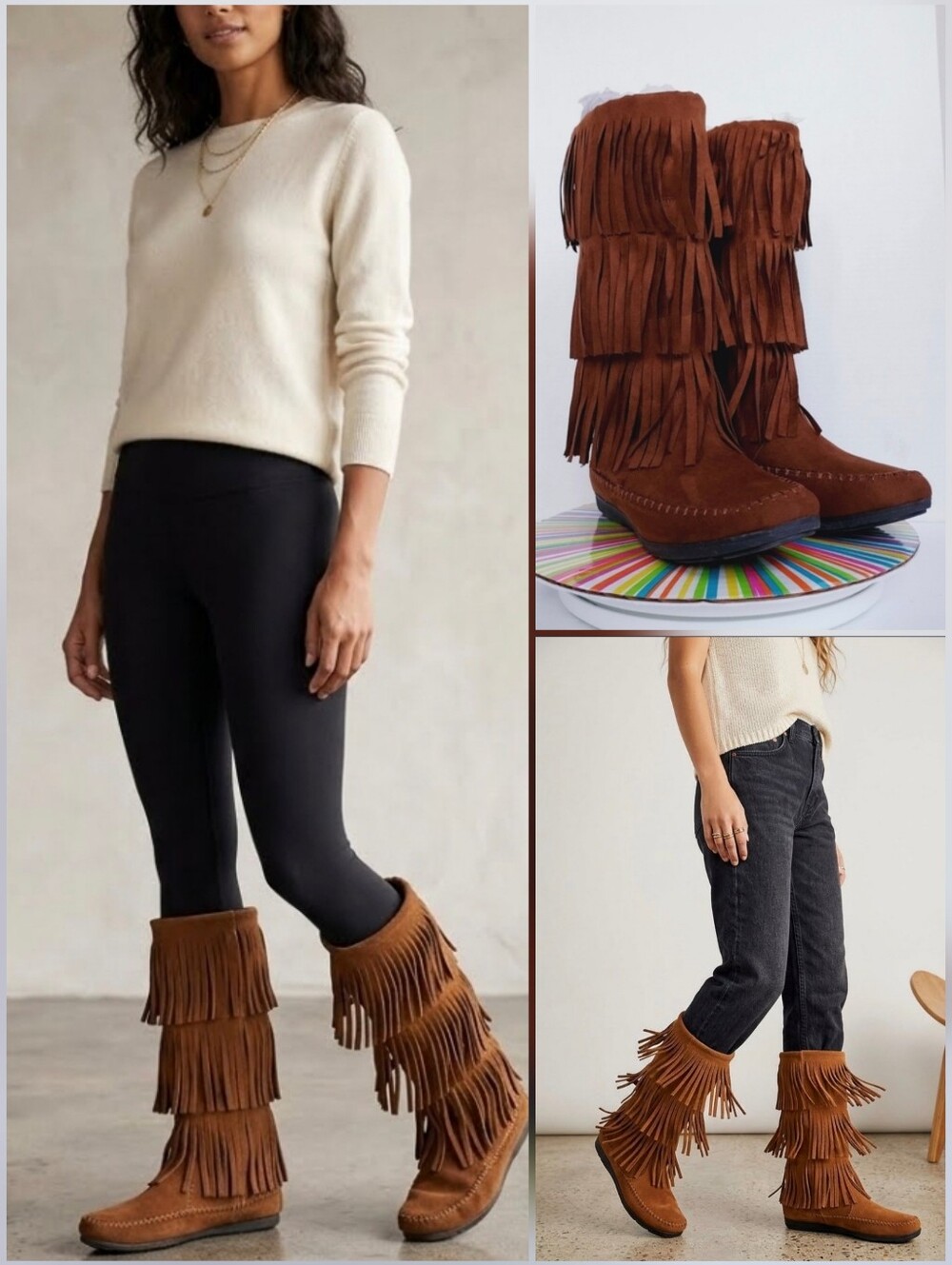 ❤️So Fringe boots >>>brown faux suede pull-on moccasin boots 🤍Size 8 Med